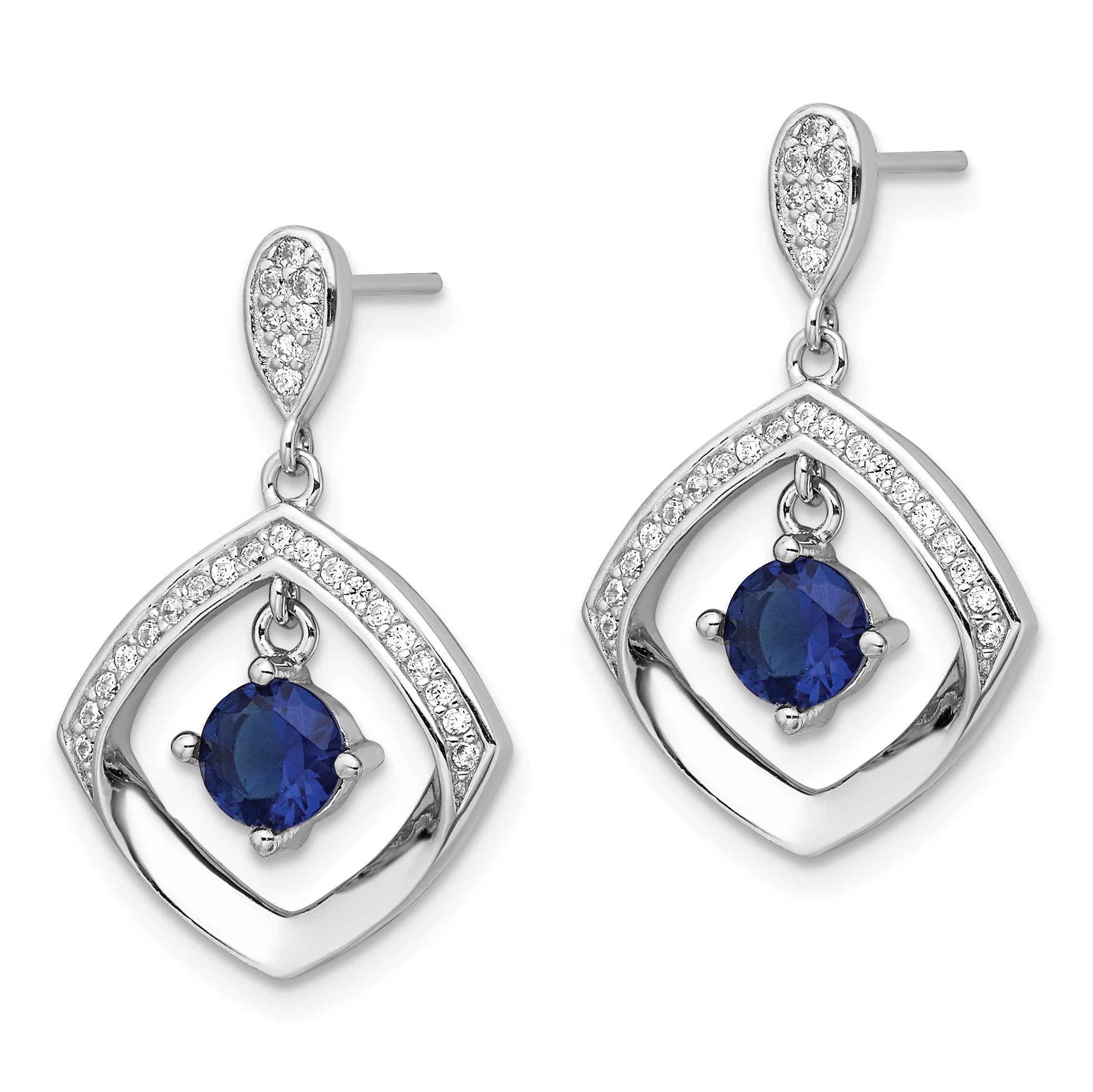 Sterling Silver RH-pltd Blue Glass and Clear CZ Fancy Square Post Earrings Secondary image