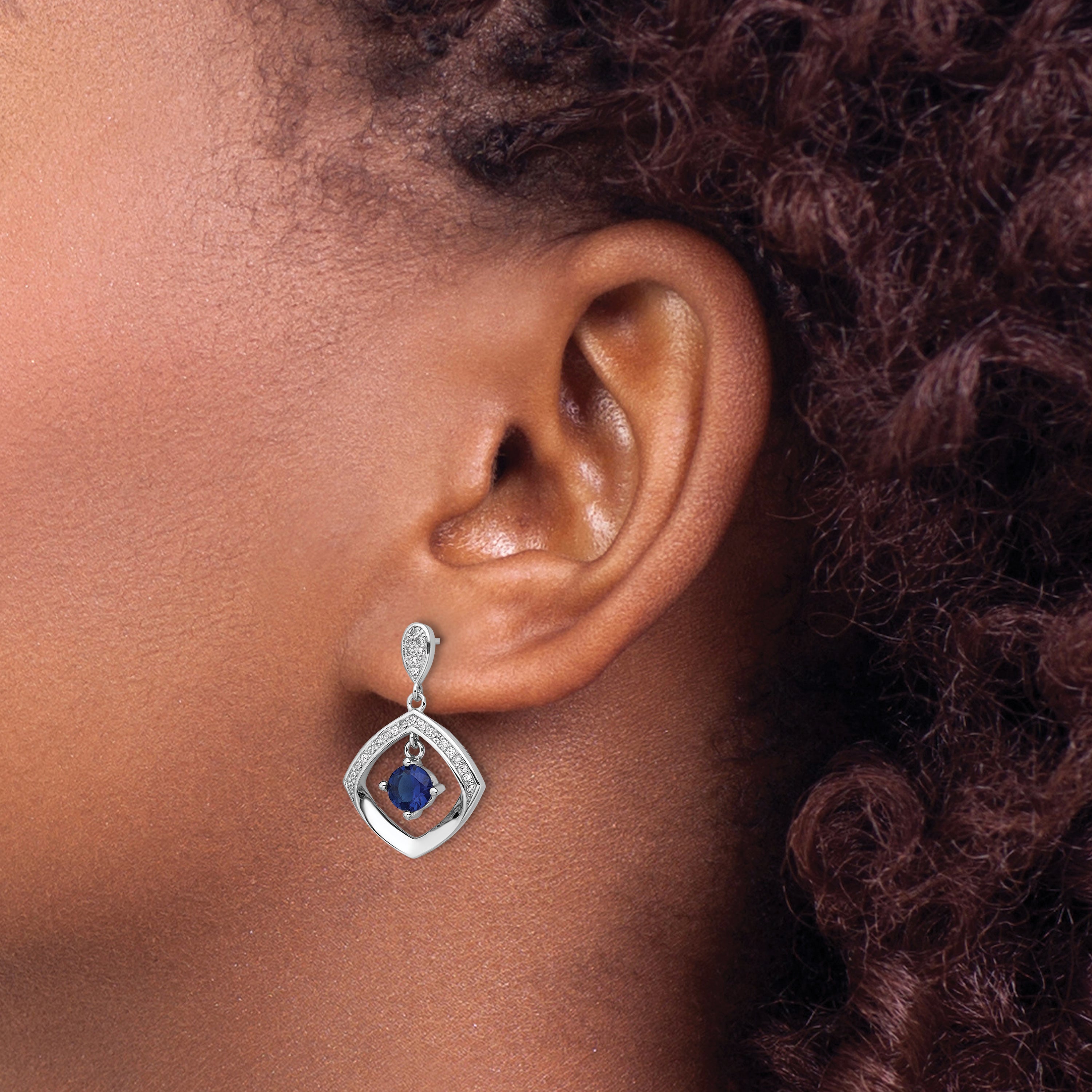 Sterling Silver RH-pltd Blue Glass and Clear CZ Fancy Square Post Earrings