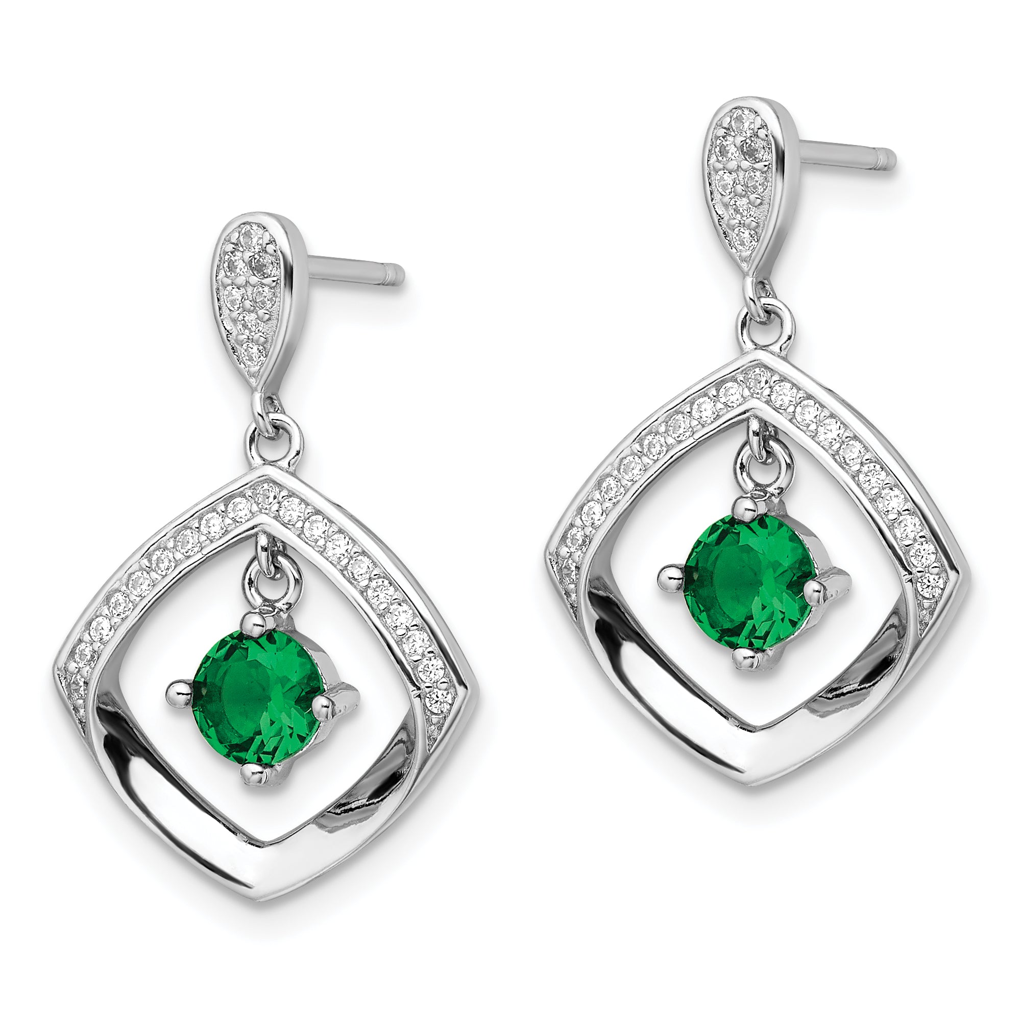 Sterling Silver RH-pltd Green Glass and Clear CZ Fancy Square Post Earrings Secondary image