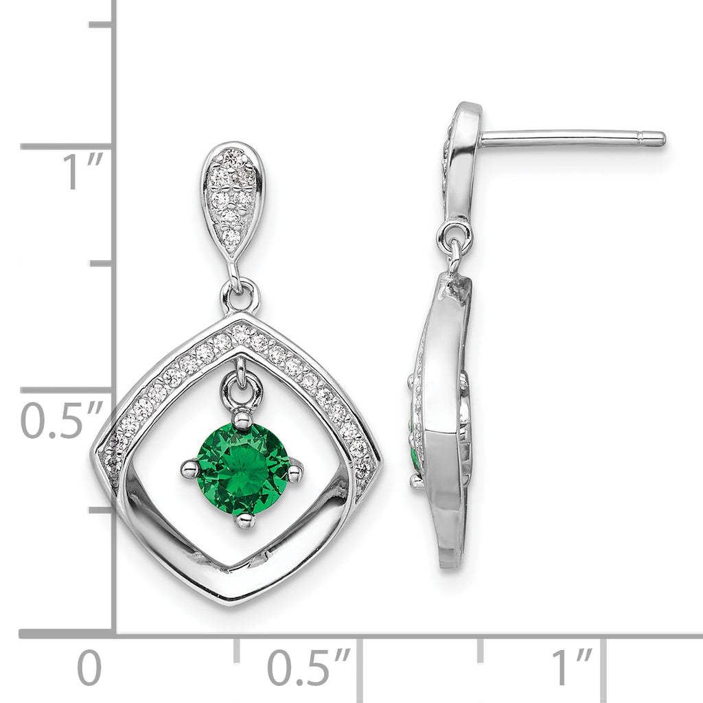 Sterling Silver RH-pltd Green Glass and Clear CZ Fancy Square Post Earrings