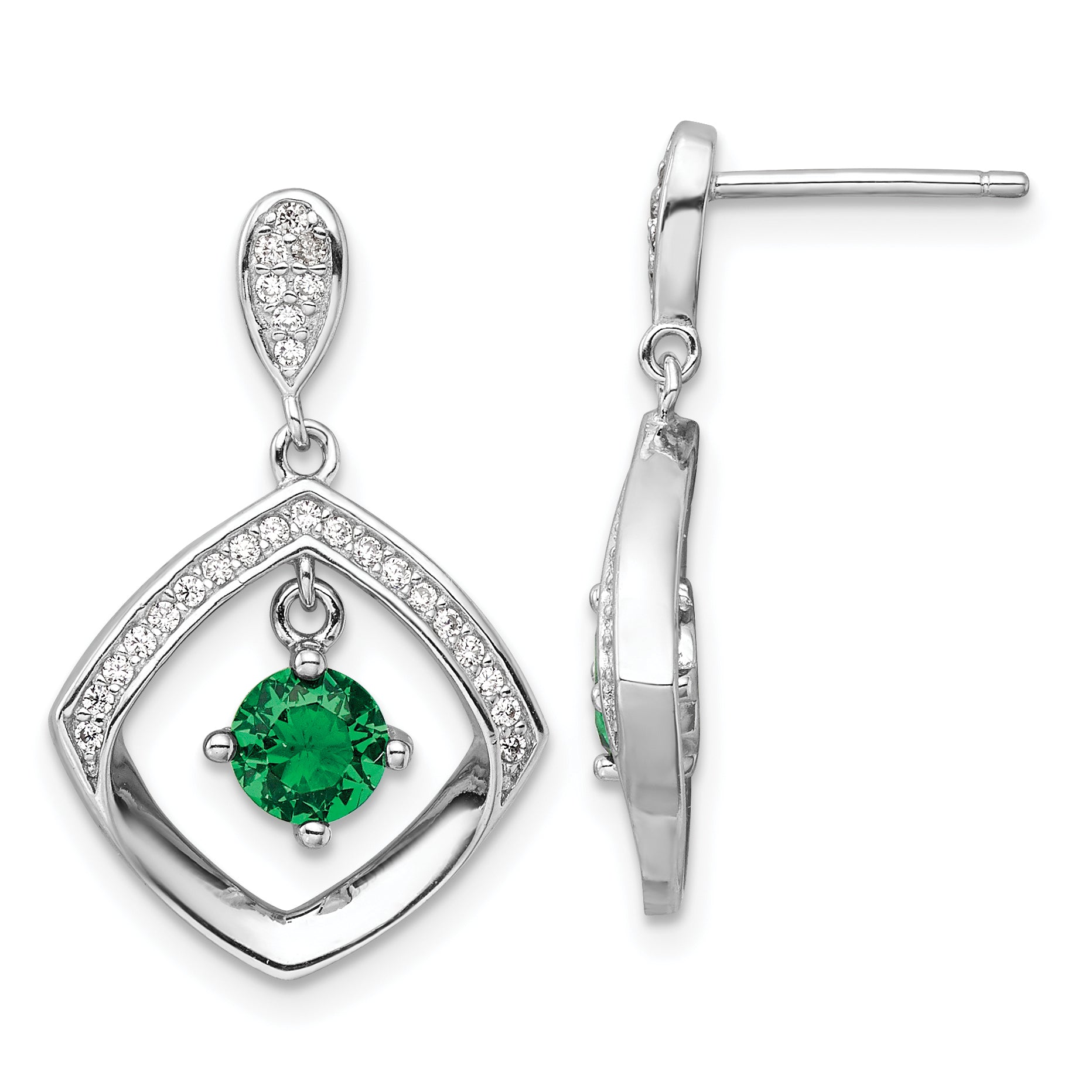 Sterling Silver RH-pltd Green Glass and Clear CZ Fancy Square Post Earrings