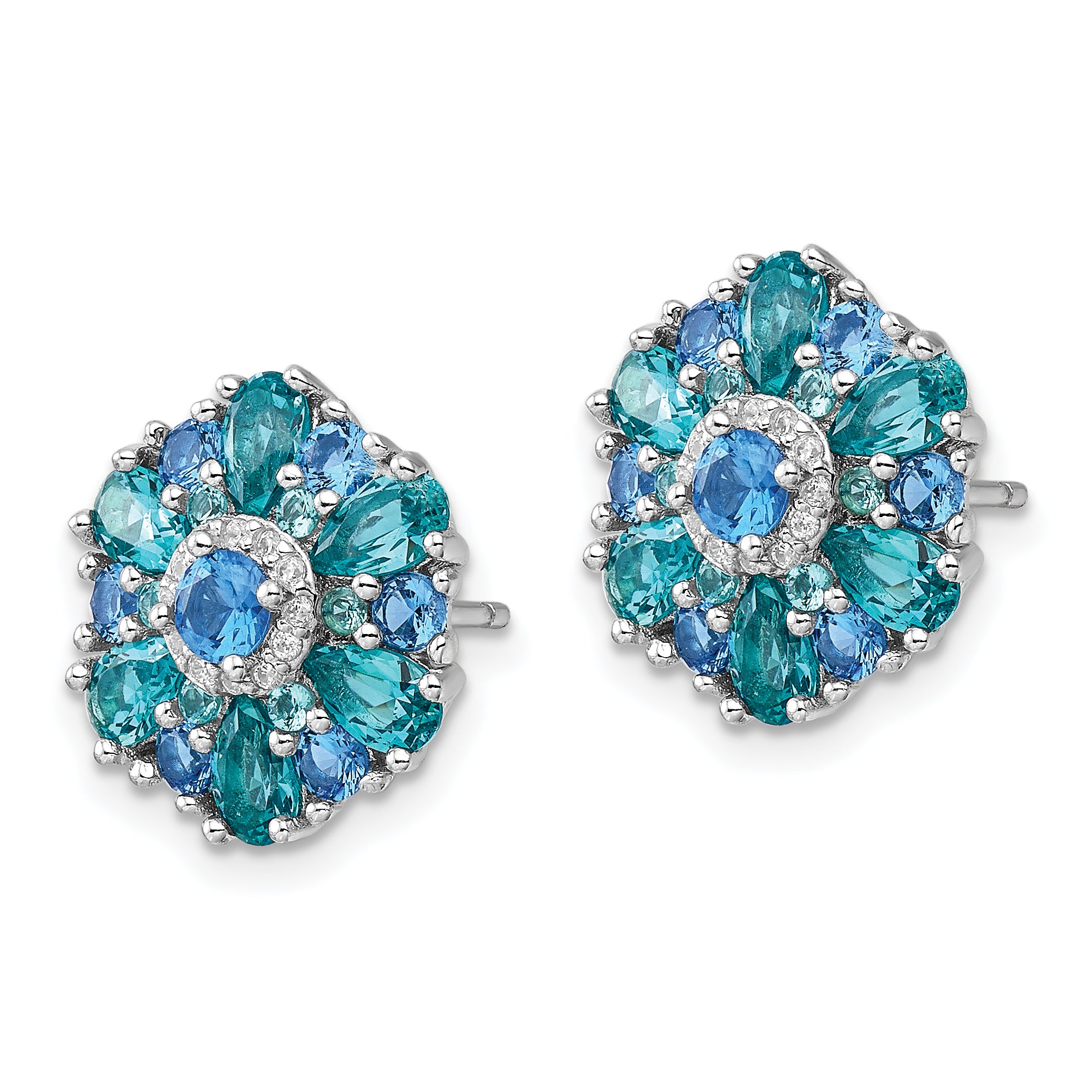 Sterling Silver Rh-pltd Blue/Green Nano Crystal and CZ Floral Post Earrings Secondary image