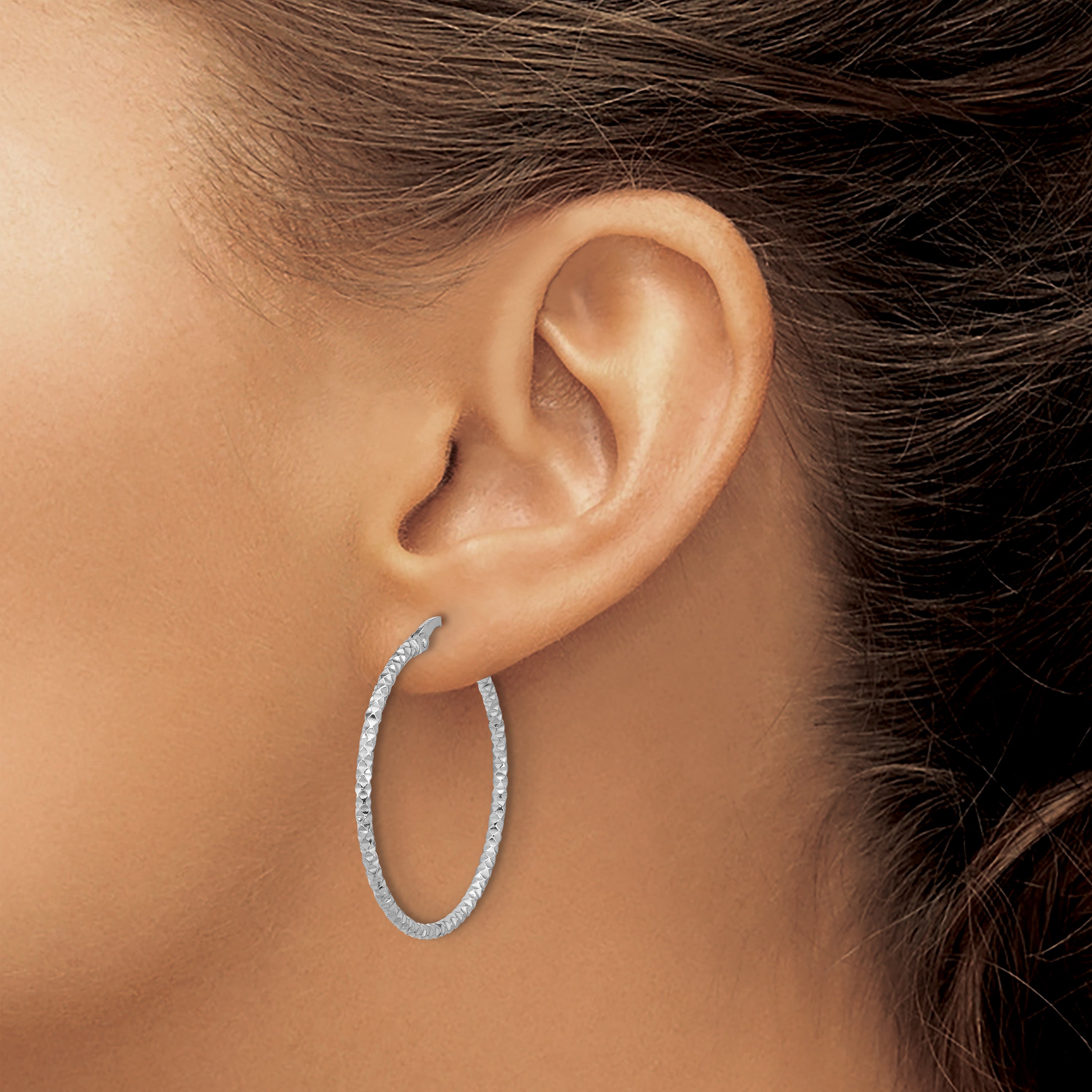Sterling Silver Rhodium-plated Polished Textured 1.60mm Hoop Earrings