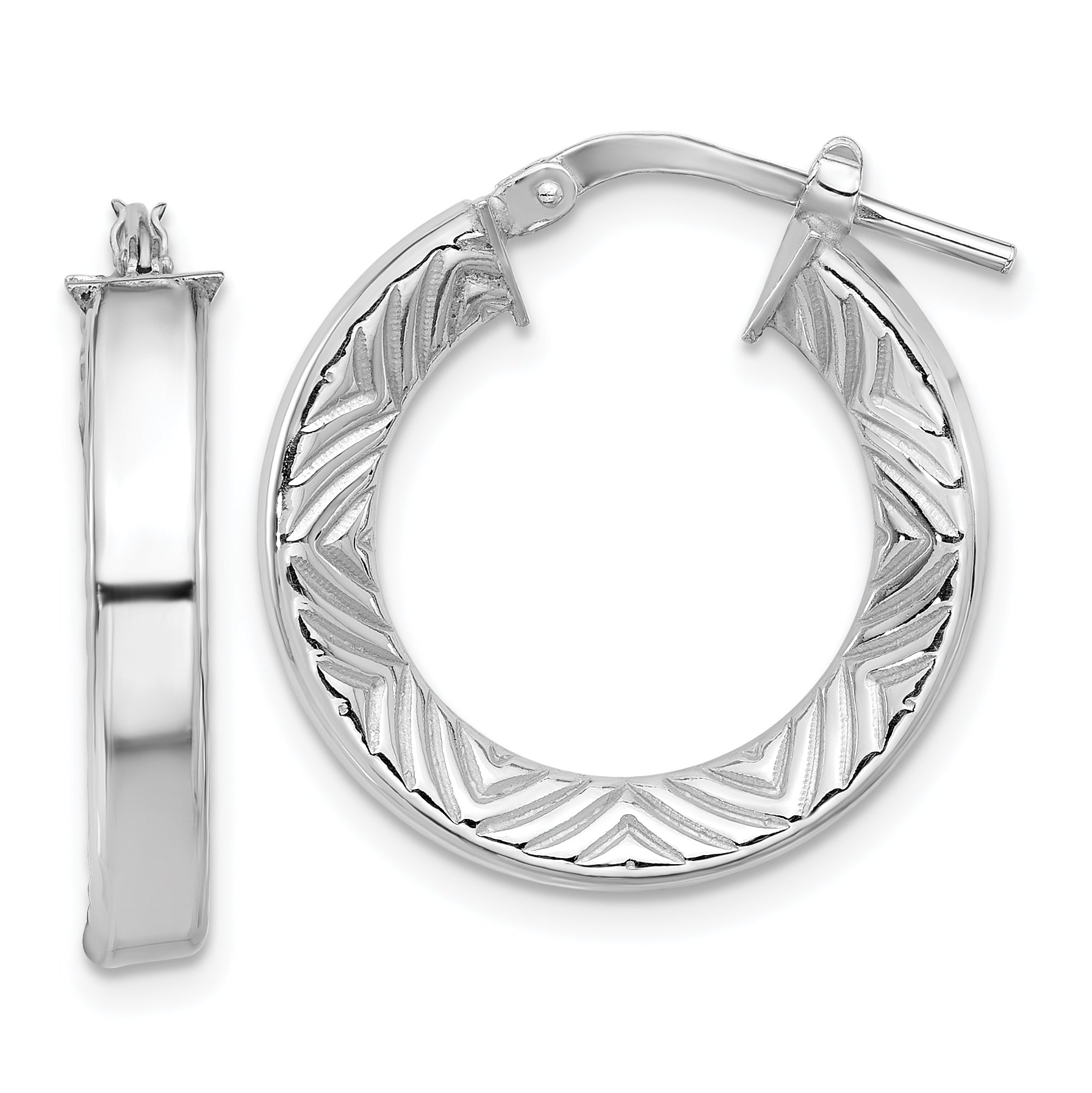 Sterling Silver Rhodium-plated Polished and Textured Hoop Earrings Main image