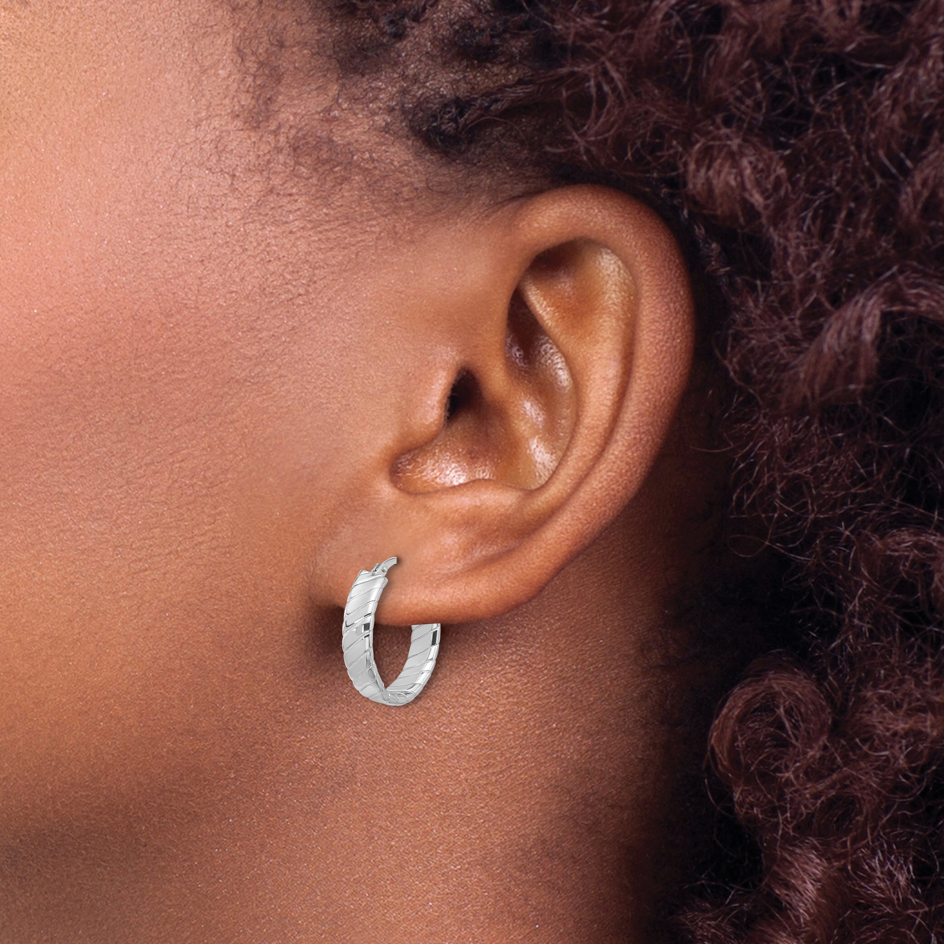 Sterling Silver Rhodium-plated Polished and Textured Hoop Earrings