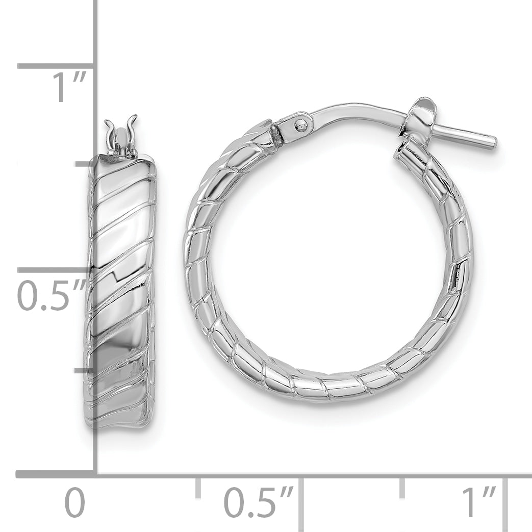 Sterling Silver Rhodium-plated Polished and Textured Hoop Earrings