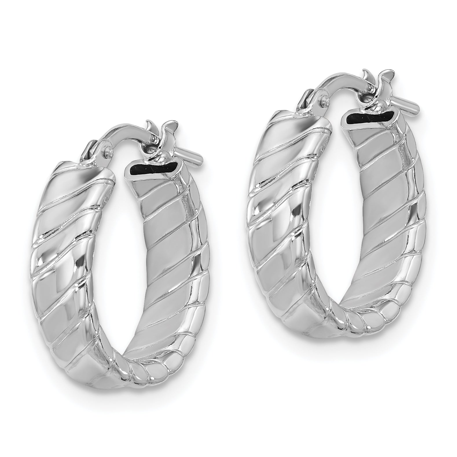 Sterling Silver Rhodium-plated Polished and Textured Hoop Earrings Secondary image