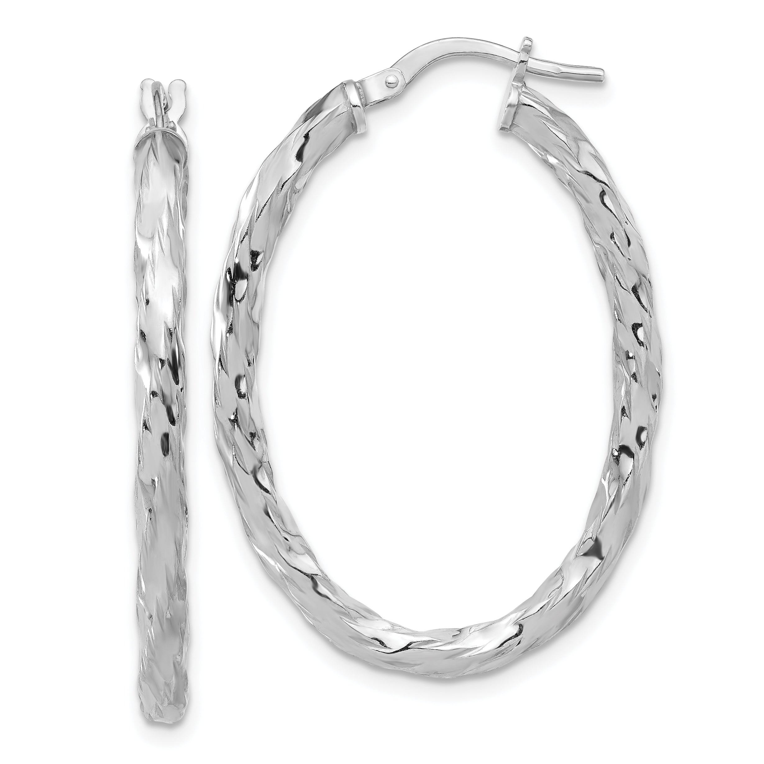 Sterling Silver Rh-plated Polished and Textured Twisted Oval Hoop Earrings