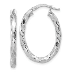 Sterling Silver Rh-plated Polished and Textured Twisted Oval Hoop Earrings