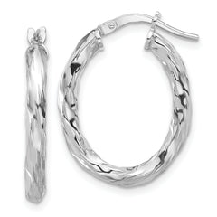 Sterling Silver Rh-plated Polished and Textured Twisted Oval Hoop Earrings