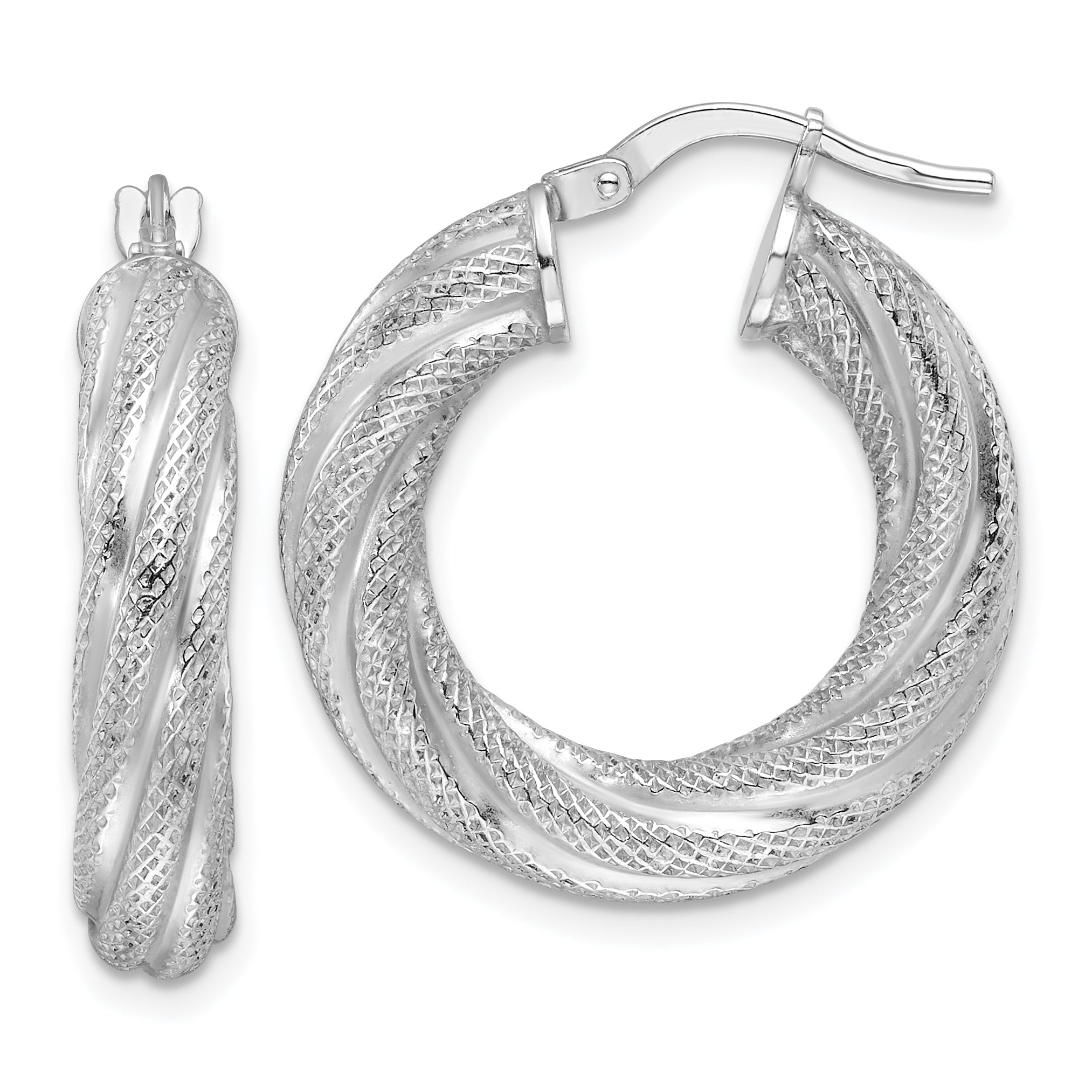 Sterling Silver Rhod-plated  5mm Textured Twisted Hoop Earrings Main image