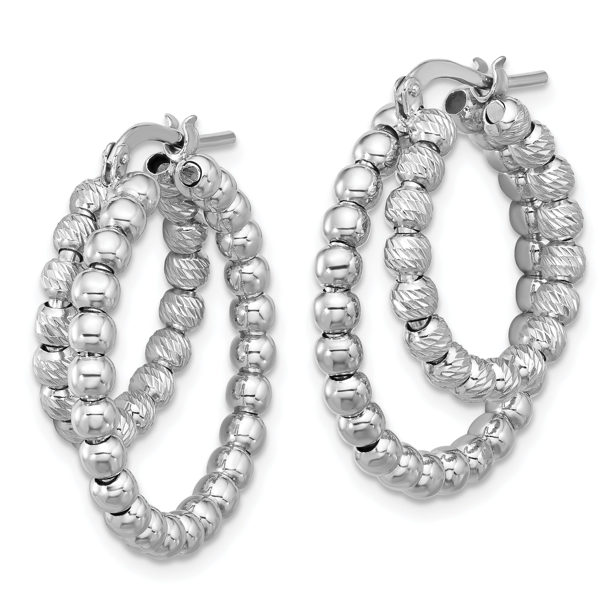 Sterling Silver Rhod-plated D/C Beaded Double Hoop Earrings Secondary image
