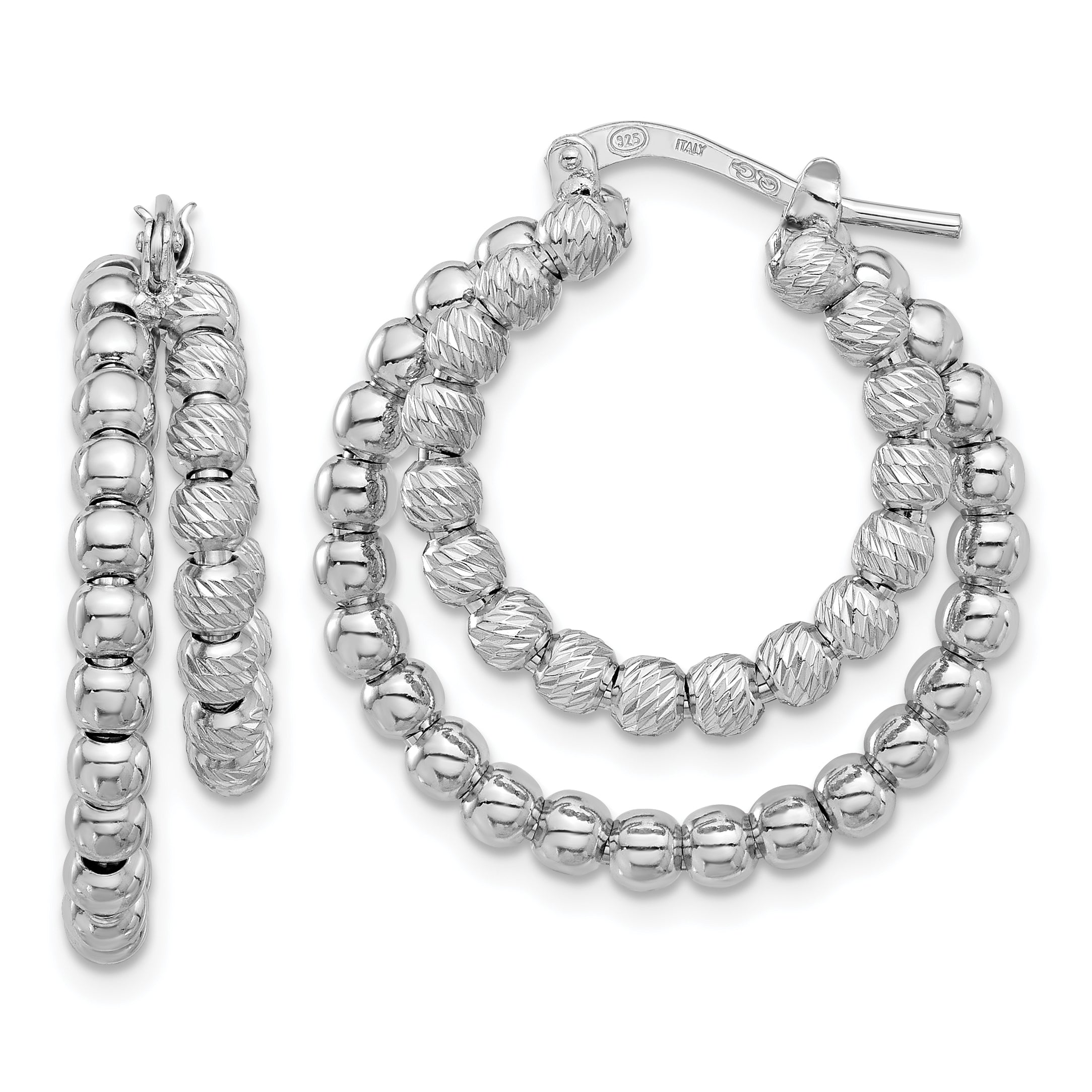 Sterling Silver Rhod-plated D/C Beaded Double Hoop Earrings Main image