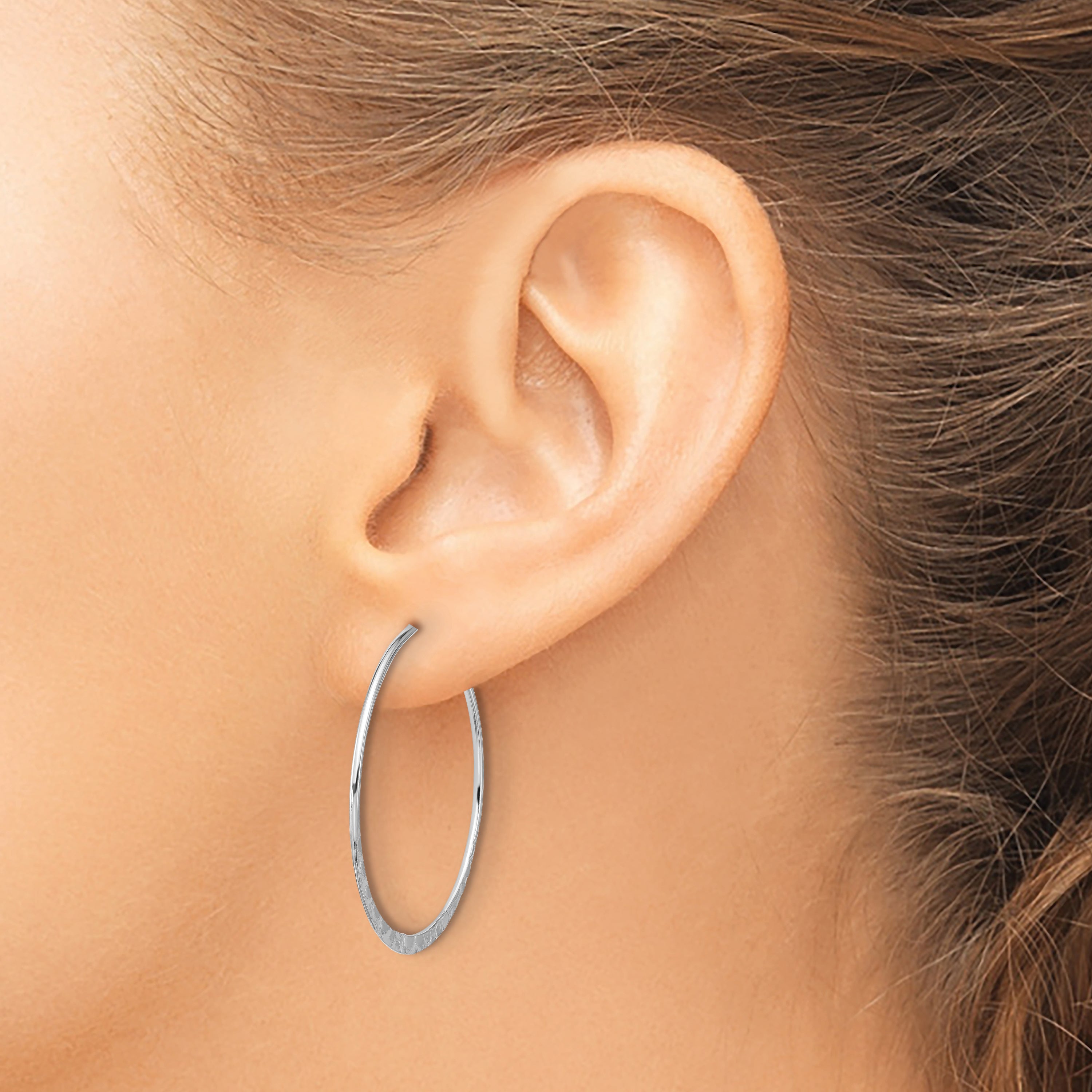Sterling Silver Polished and Hammered Large Round Hoop Earrings