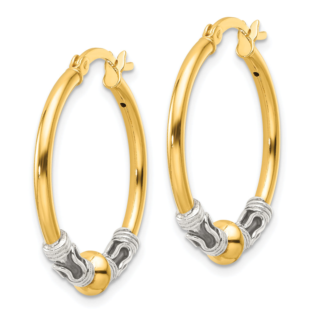Sterling Silver Gold-tone Polished Antiqued Beaded Hoop Earrings