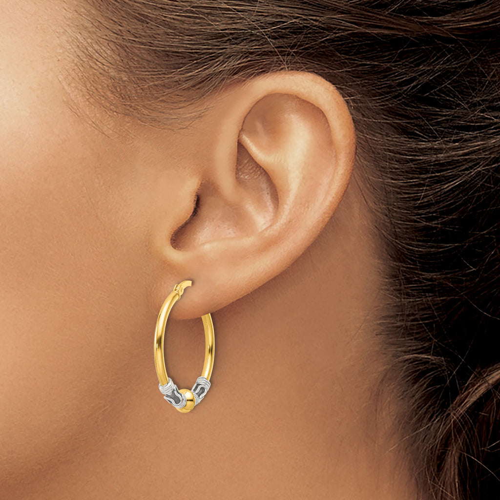 Sterling Silver Gold-tone Polished Antiqued Beaded Hoop Earrings