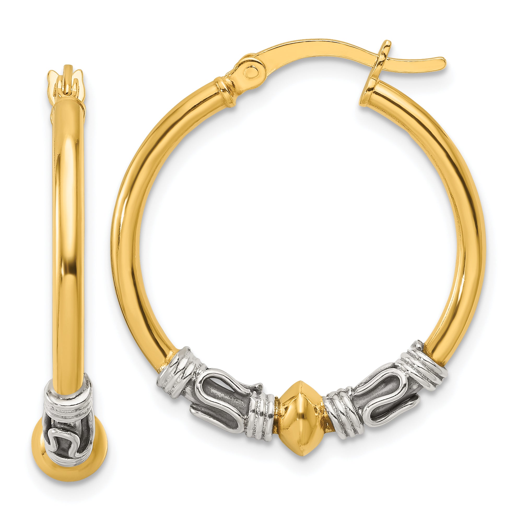Sterling Silver Gold-tone Polished Antiqued Beaded Hoop Earrings
