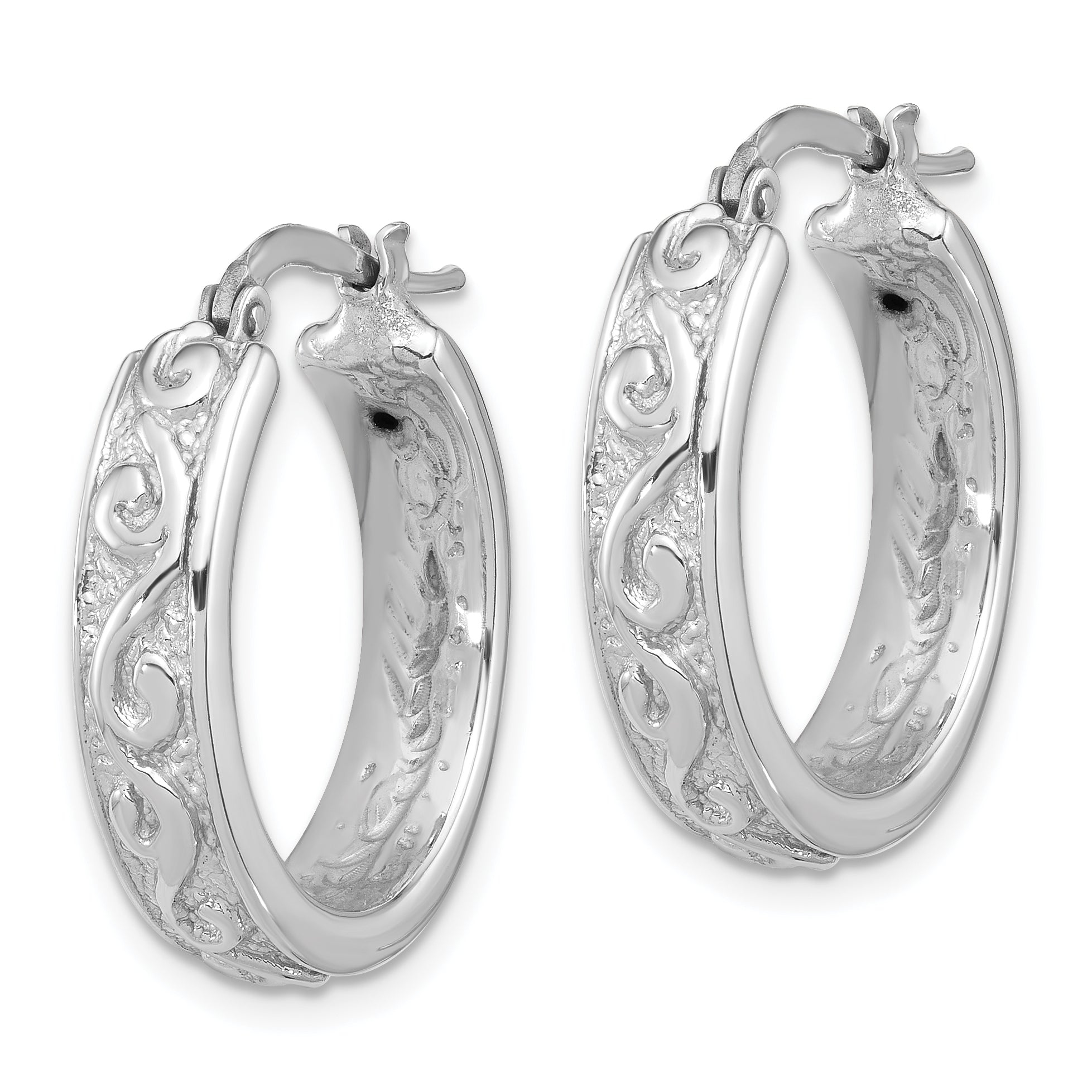 Sterling Silver Rhod-plated Polished and Textured Round Hoop Earrings Secondary image