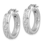 Sterling Silver Rhod-plated Polished and Textured Round Hoop Earrings
