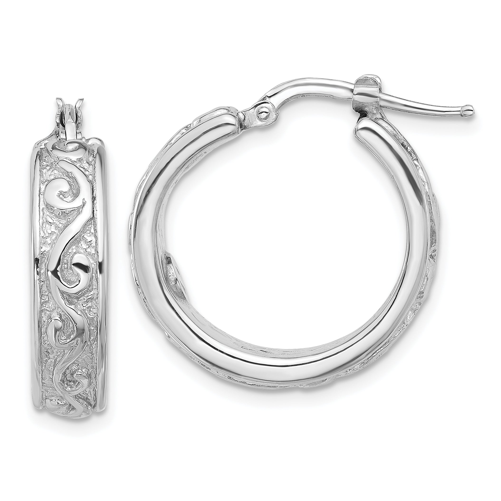 Sterling Silver Rhod-plated Polished and Textured Round Hoop Earrings Main image