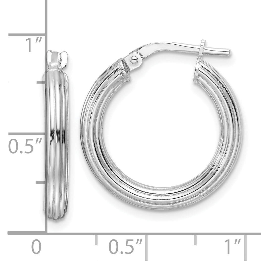 Sterling Silver RH-plated Polished Ridged 3mm Round Hoop Earrings