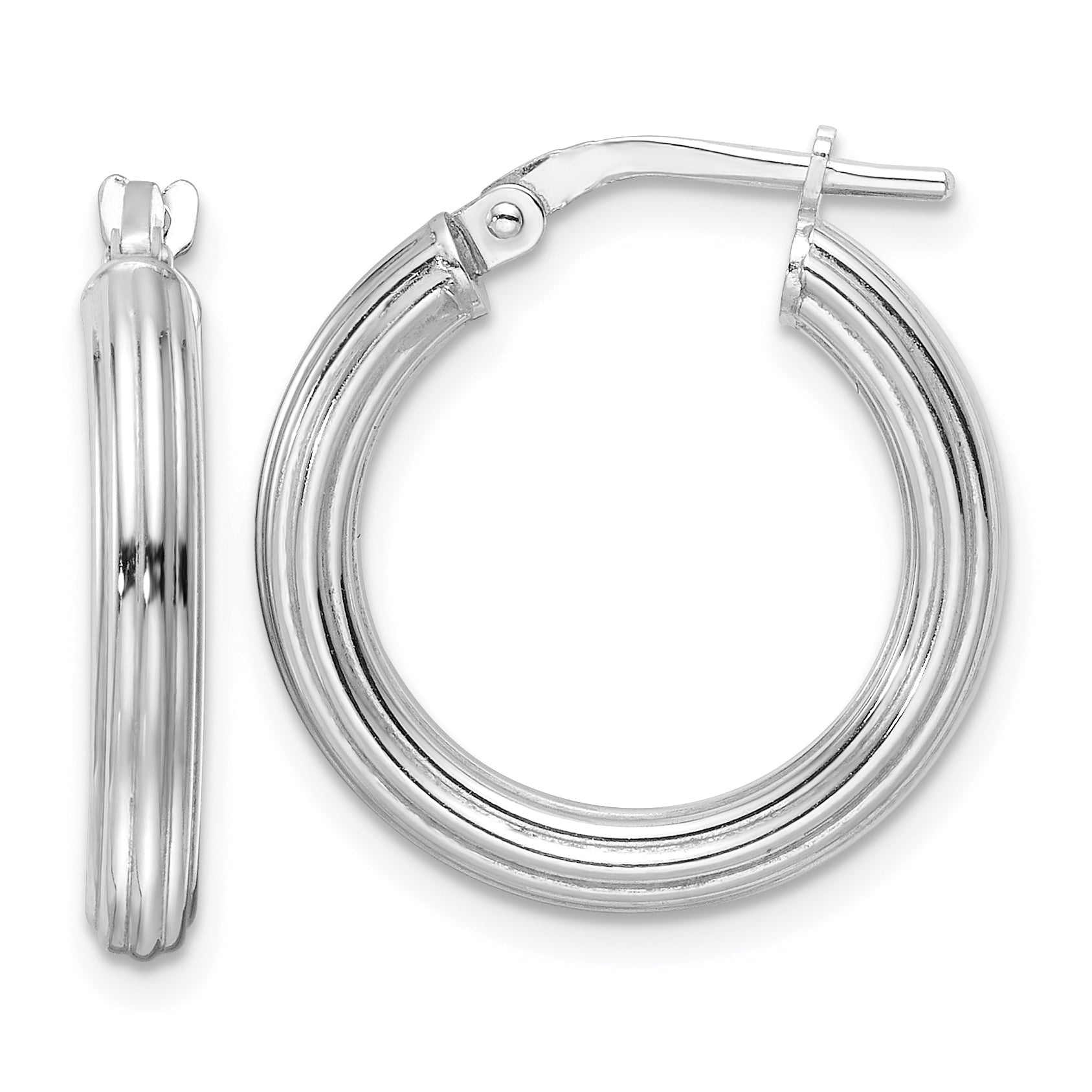 Sterling Silver RH-plated Polished Ridged 3mm Round Hoop Earrings