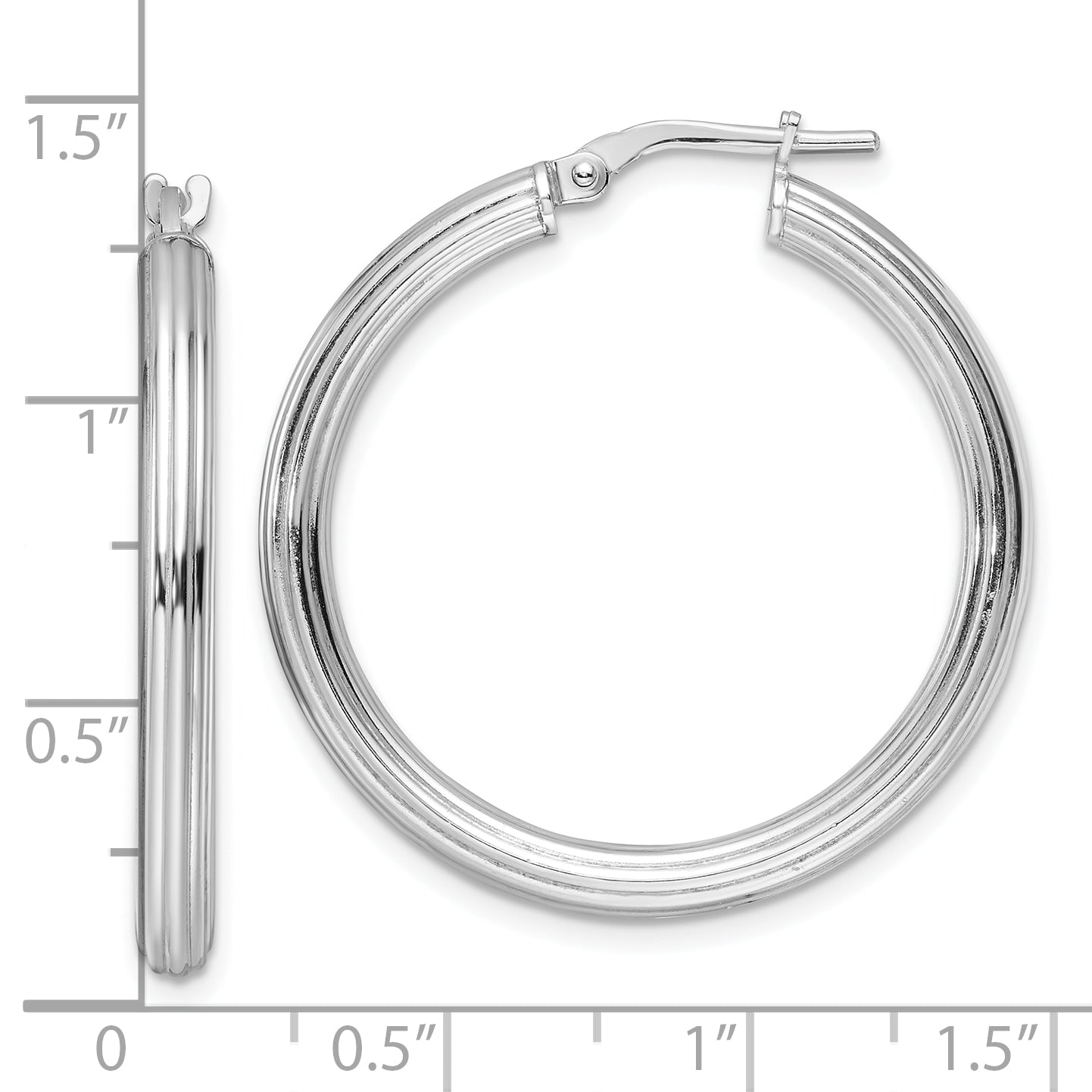 Sterling Silver RH-plated Polished Ridged 3mm Round Hoop Earrings