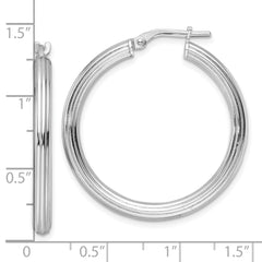 Sterling Silver RH-plated Polished Ridged 3mm Round Hoop Earrings