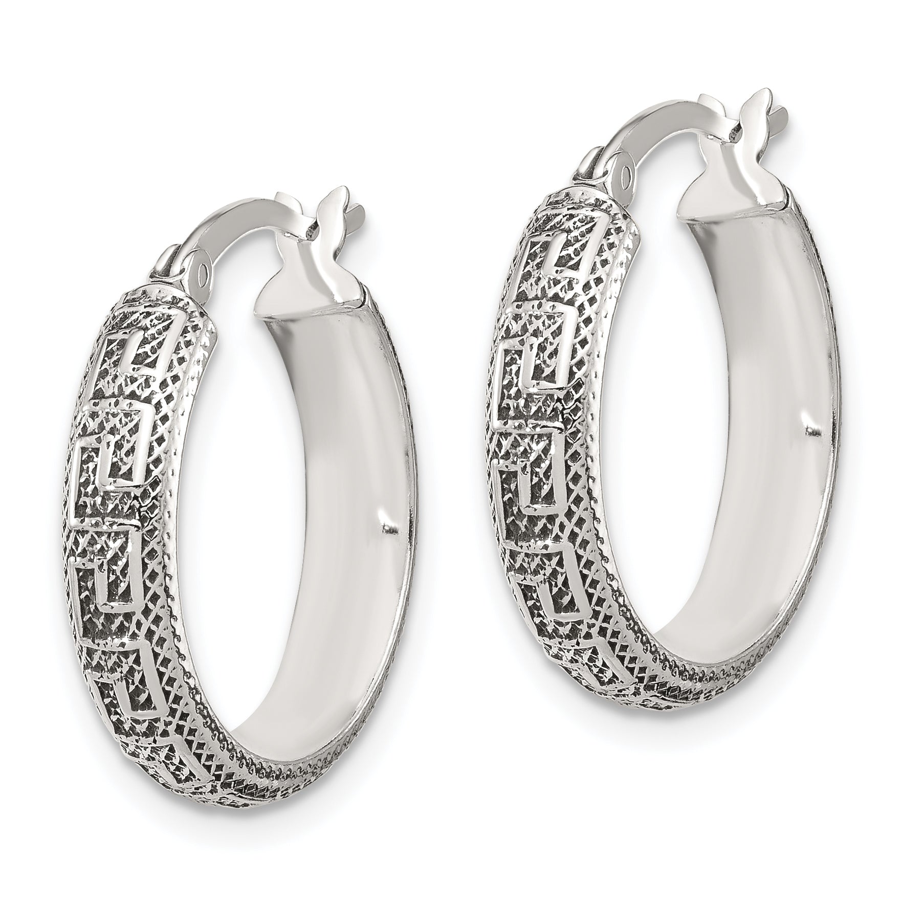 Sterling Silver Antiqued/Textured Greek Key SM Round Hoop Earrings