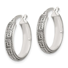 Sterling Silver Antiqued/Textured Greek Key SM Round Hoop Earrings