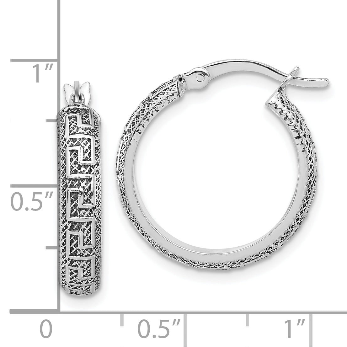 Sterling Silver Antiqued/Textured Greek Key SM Round Hoop Earrings