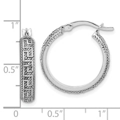 Sterling Silver Antiqued/Textured Greek Key SM Round Hoop Earrings