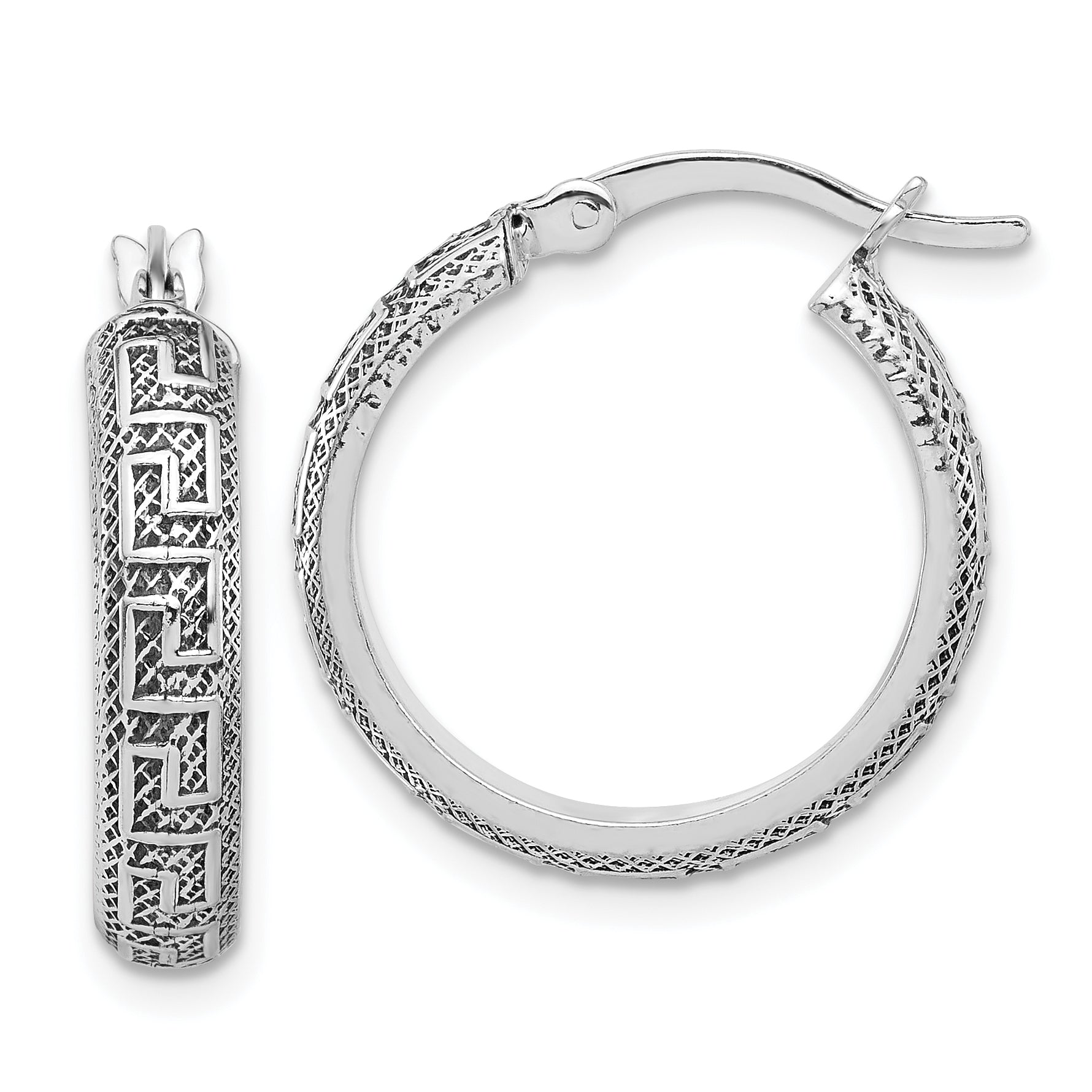 Sterling Silver Antiqued/Textured Greek Key SM Round Hoop Earrings Main image