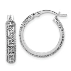 Sterling Silver Antiqued/Textured Greek Key SM Round Hoop Earrings