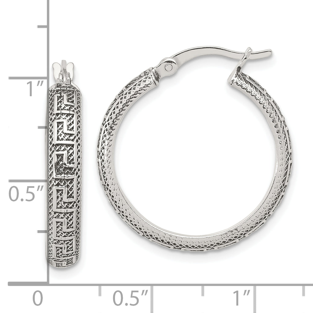 Sterling Silver Antiqued/Textured Greek Key LG Round Hoop Earrings