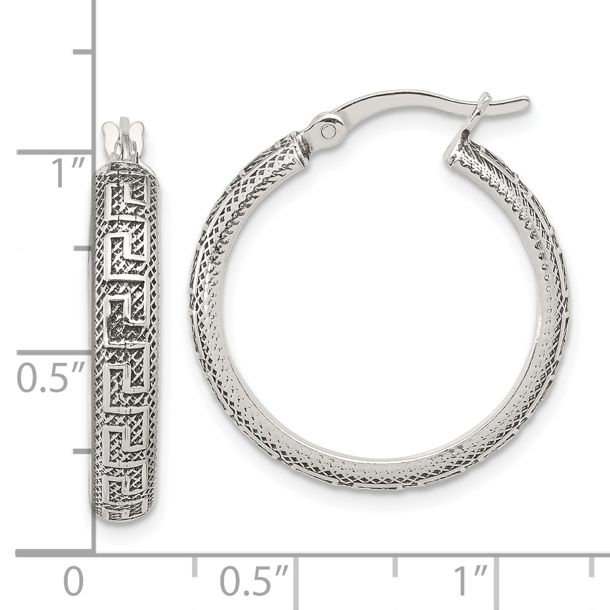 Sterling Silver Antiqued/Textured Greek Key LG Round Hoop Earrings
