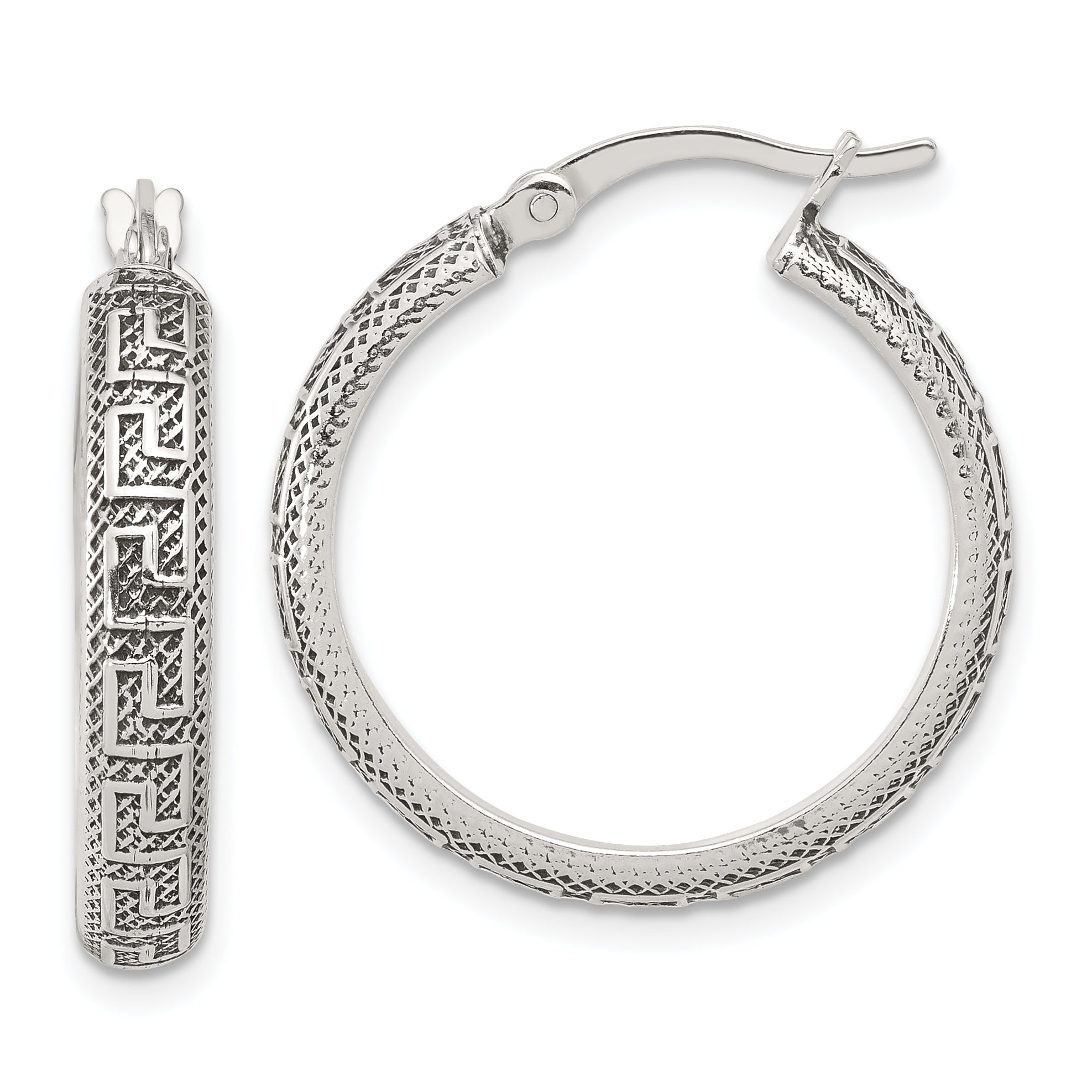 Sterling Silver Antiqued/Textured Greek Key LG Round Hoop Earrings Main image