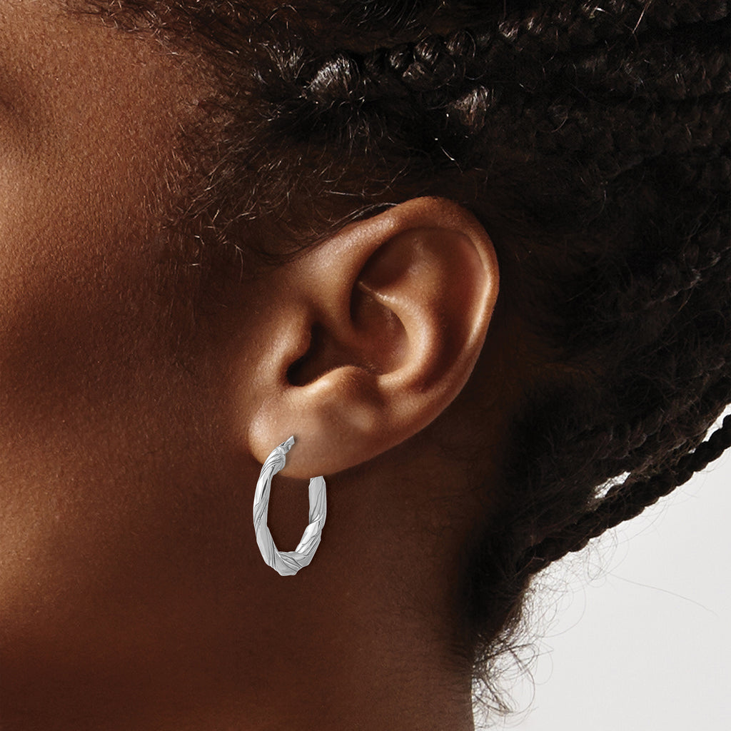 Sterling Silver RH-plated Polished and Textured Twisted Hoop Earrings