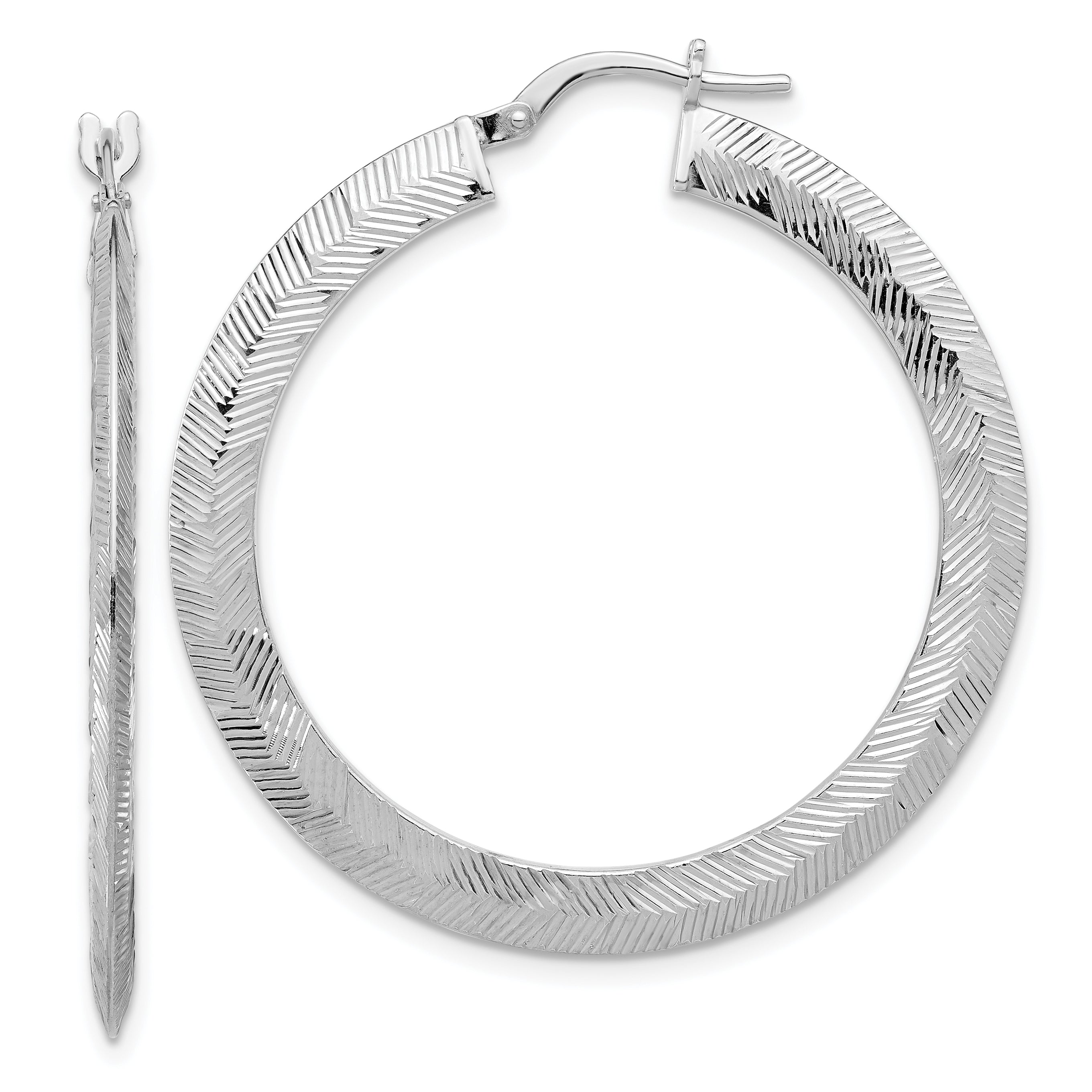 Sterling Silver Rhodium-plated D/C Knife Edge Round Hoop Earrings