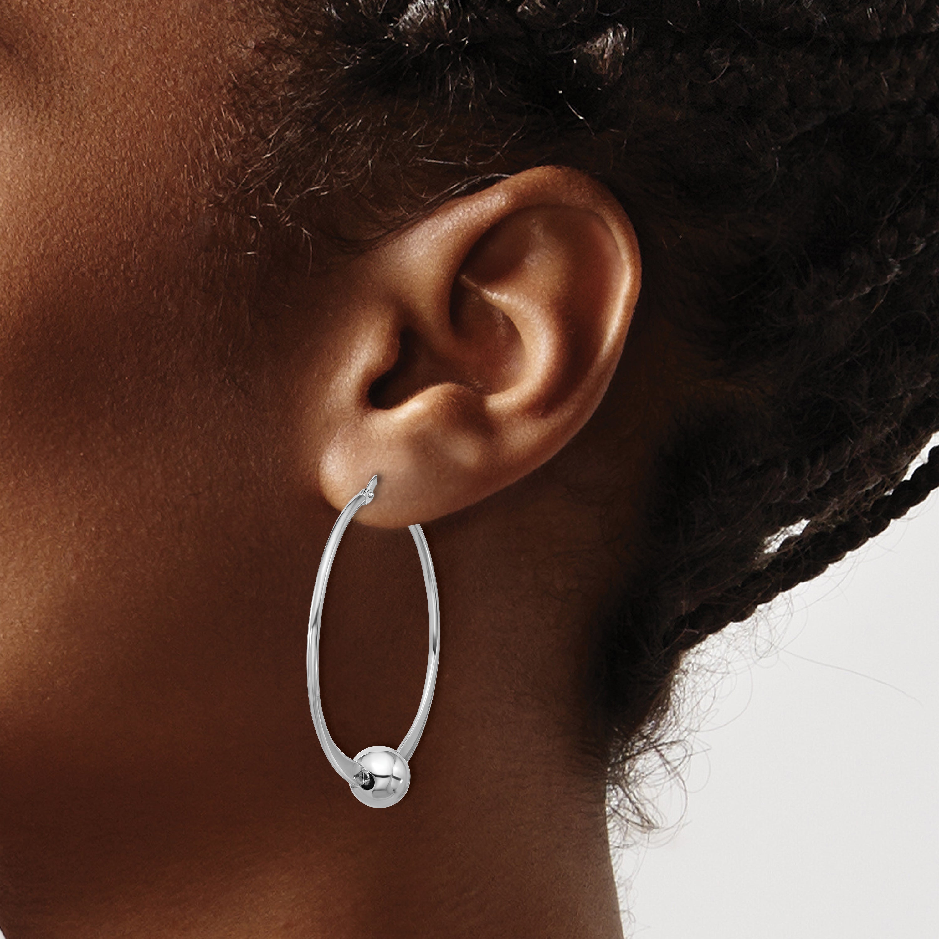 Sterling Silver Rhod-plated Polished Ball Large Round Hoop Earrings