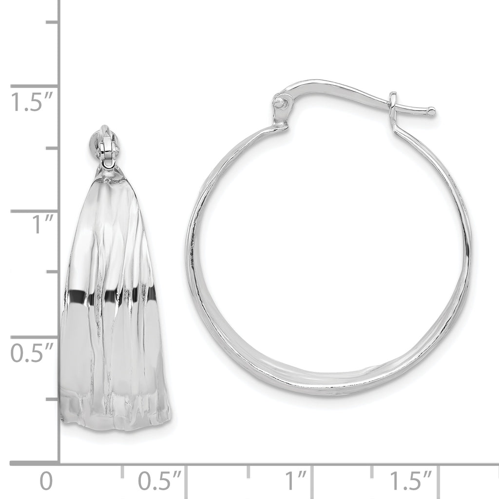 Sterling Silver RH-Plated Textured and Tapered MED Round Hoop Earrings
