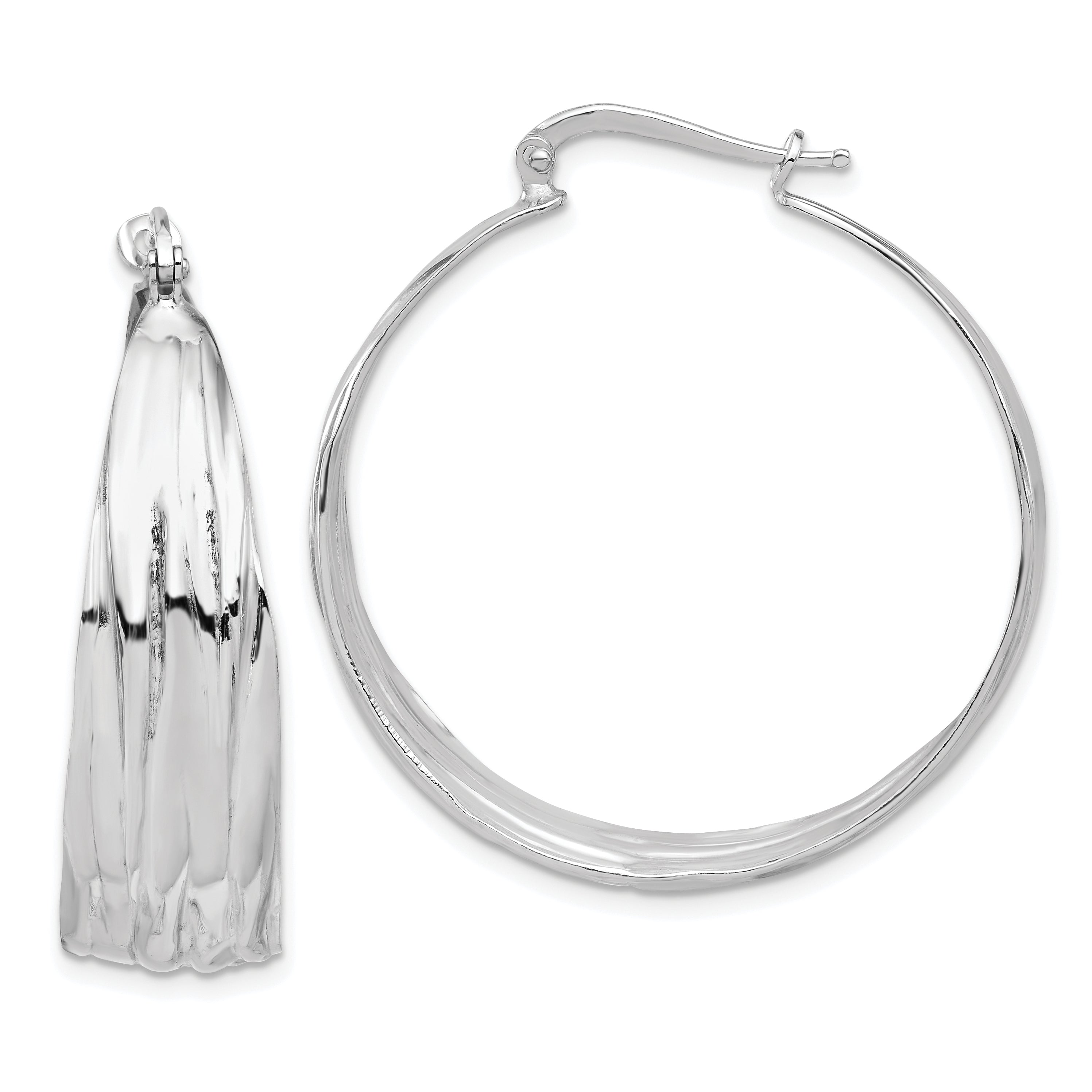 Sterling Silver RH-Plated Textured and Tapered LG Round Hoop Earrings Main image