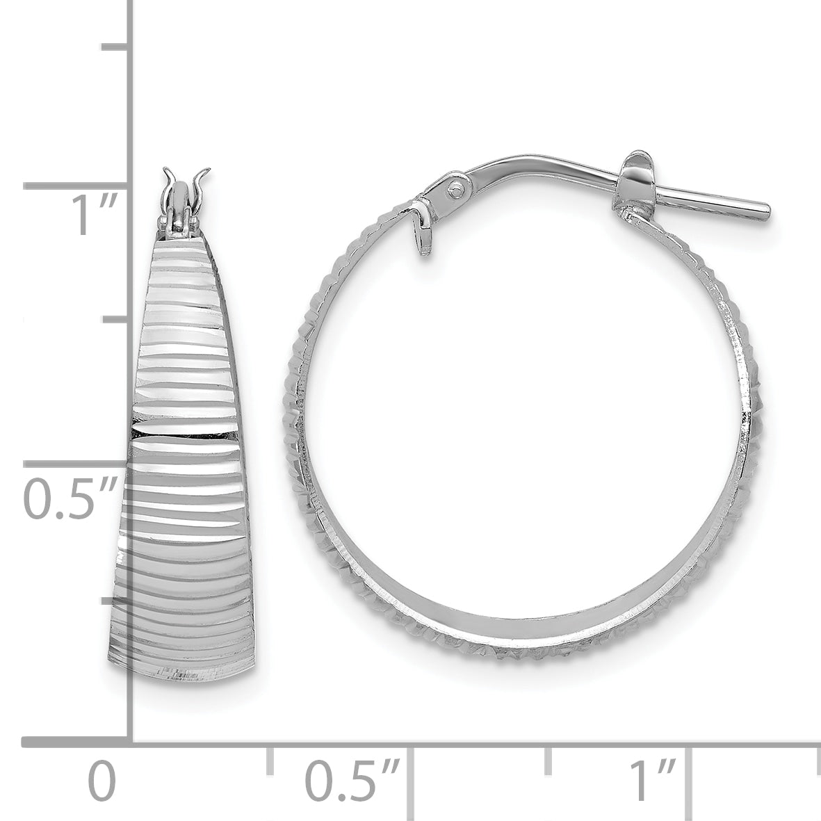 Sterling Silver RH-plated Polish D/C Tapered LG Round Hoop Earrings