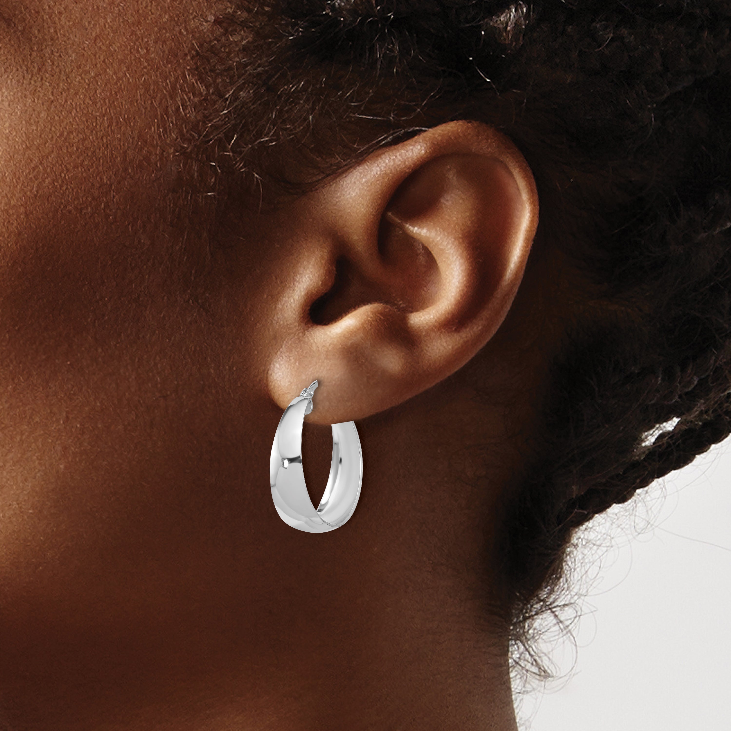 Sterling Silver RH-plated Polished Tapered Round LG Hoop Earrings