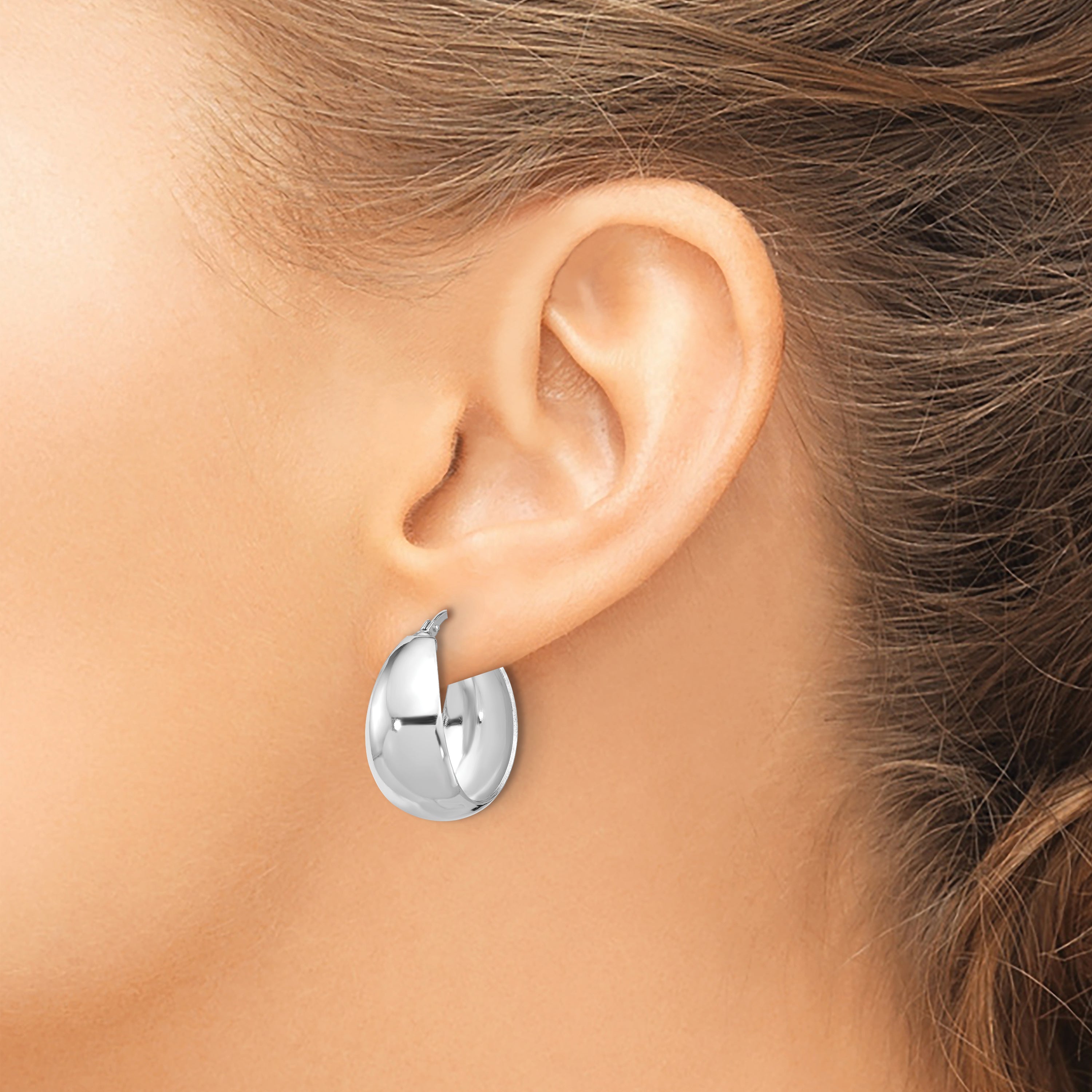Sterling Silver RH-plated Polished Tapered Round LG Hoop Earrings