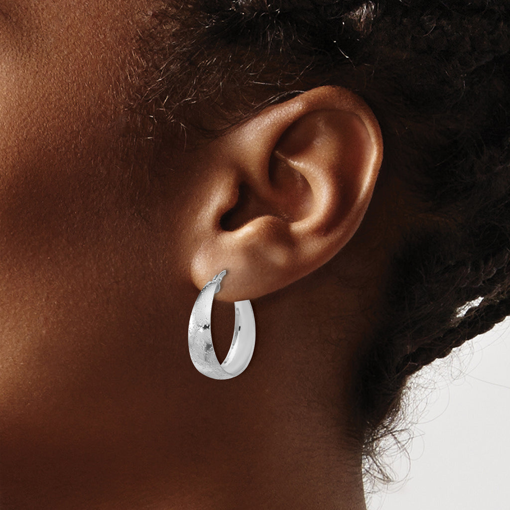 Sterling Silver RH-plated Sparkle Texture Tapered Round Hoop Earrings
