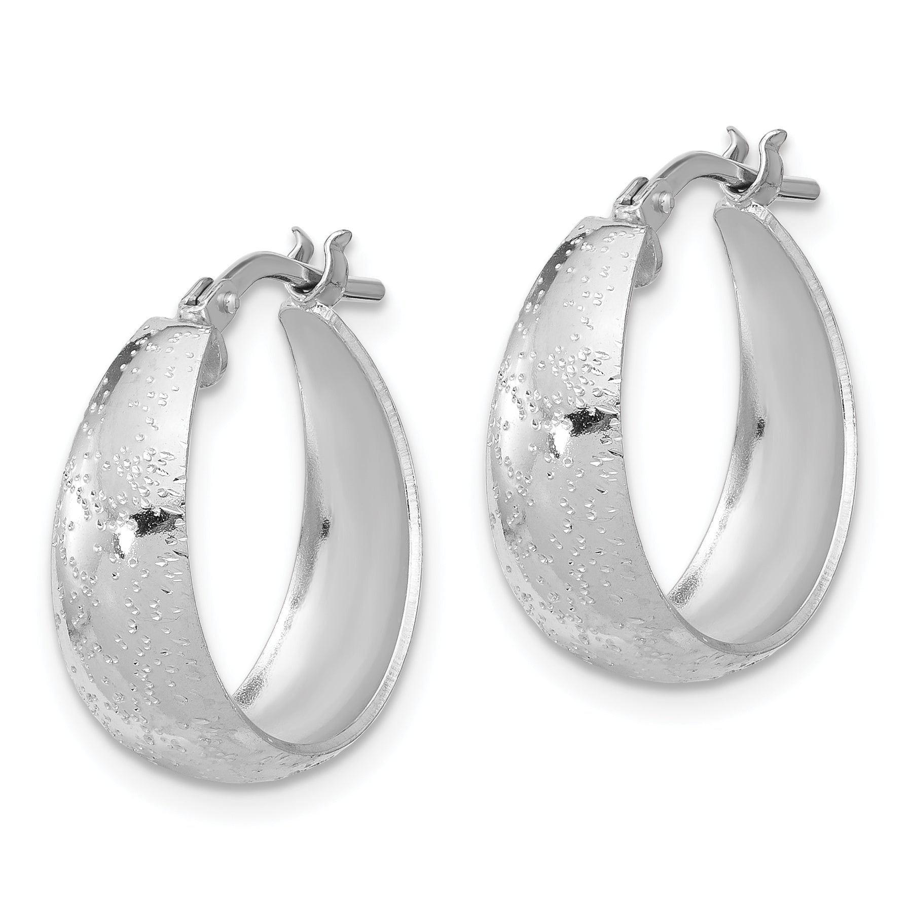 Sterling Silver RH-plated Sparkle Texture Tapered Round Hoop Earrings