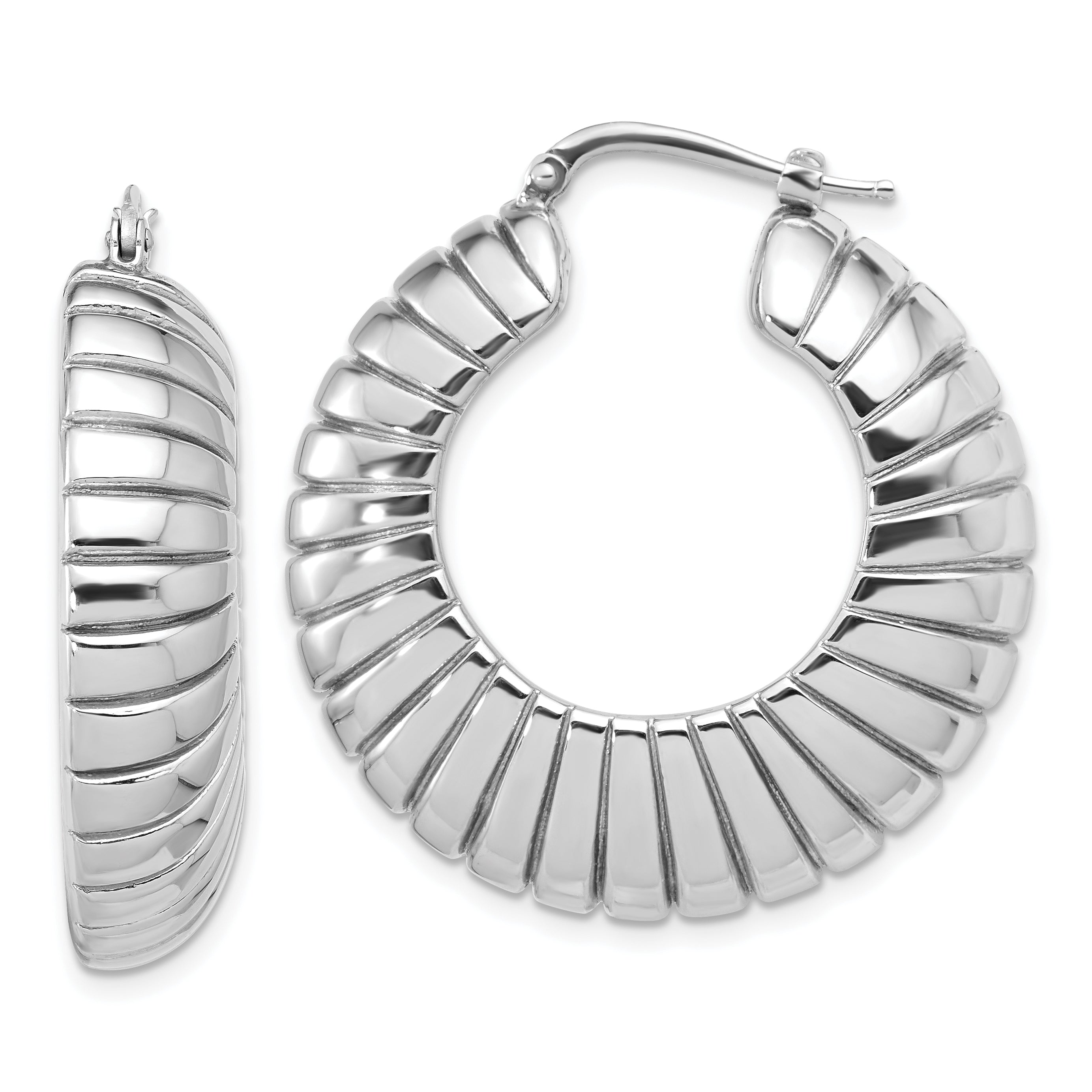 Sterling Silver RH-plated Polished and Striped Large Round Hoop Earrings Main image
