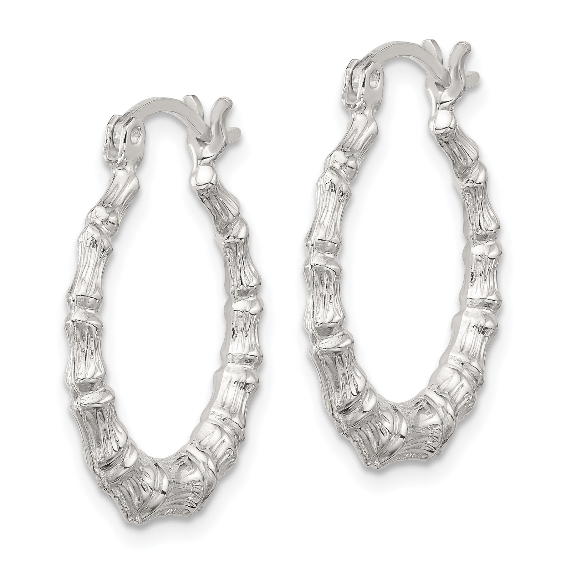 Sterling Silver Polished Bamboo Textured Round Hoop Earrings