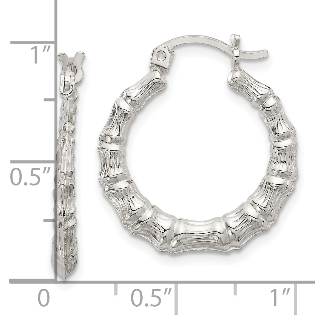 Sterling Silver Polished Bamboo Textured Round Hoop Earrings